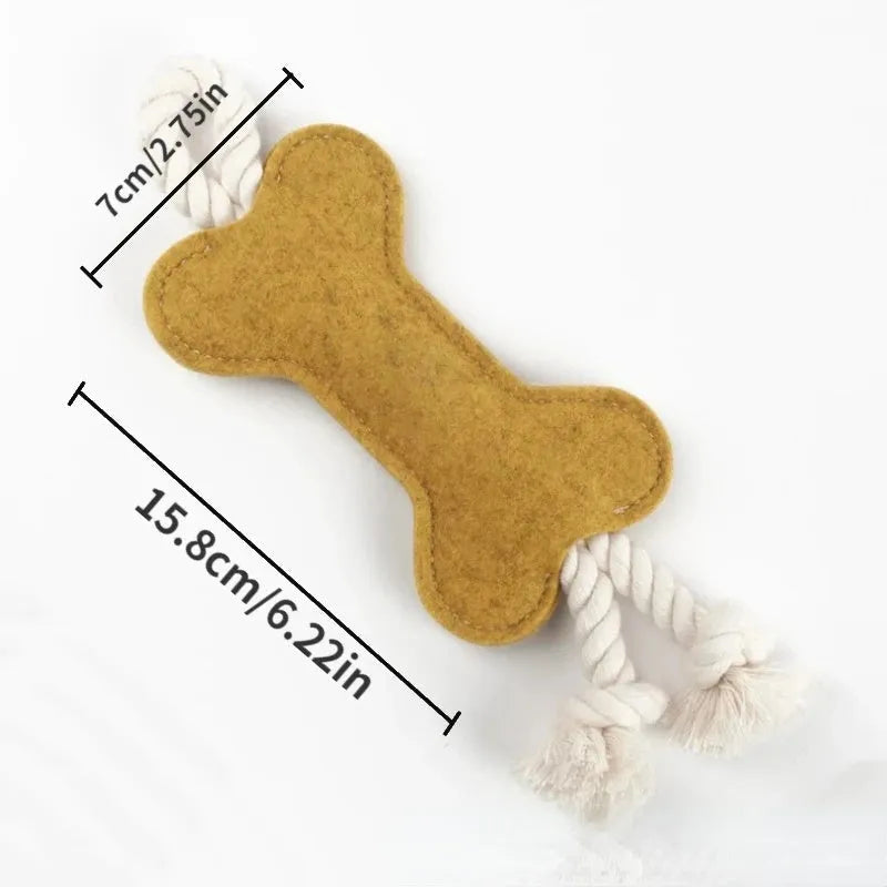 Bone-shaped dog chew toy in felt fabric with rope detailing, shown in various colours