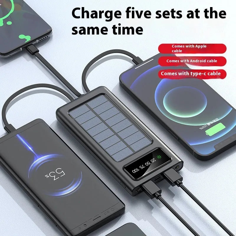 Solar power bank with integrated cables showing black plastic shell and solar panel