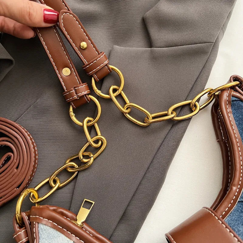 Brown denim women's shoulder bag with diamond mesh and chain details showing internal mobile phone pocket