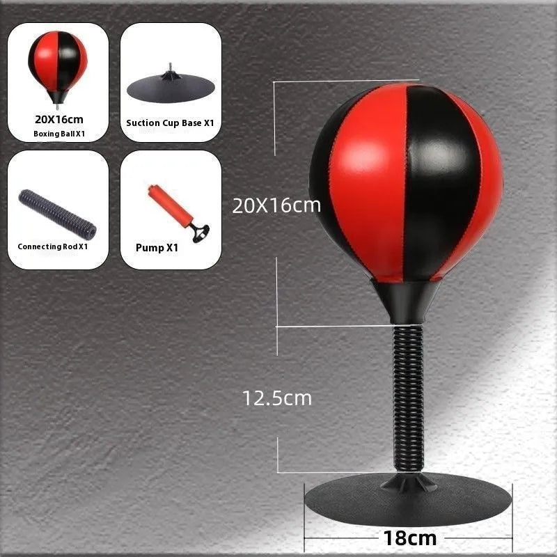 Tabletop boxing speed ball with suction cup base, inflatable PU leather sphere, and pump on a wooden desk.