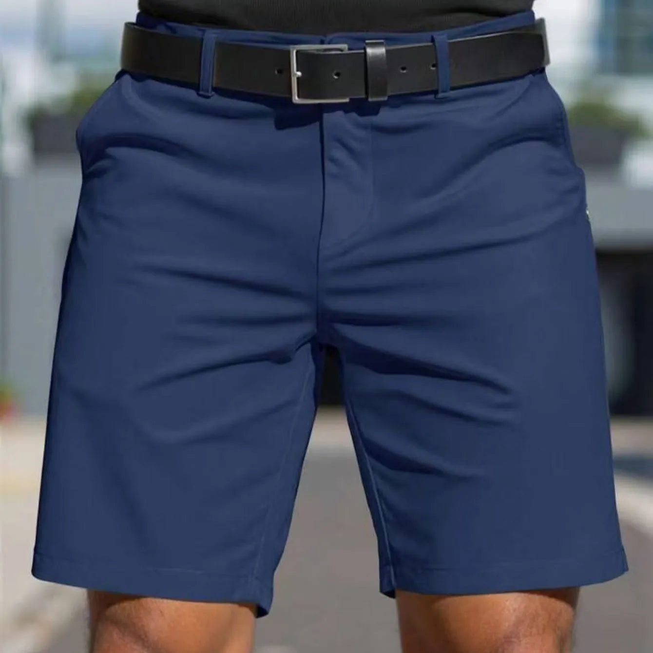 Men's solid colour straight-leg polyester shorts, fifth pants length with micro-elastic fabric
