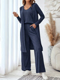 Blue women's casual two-piece set with sling top, cardigan trousers, and suspenders on a hanger.