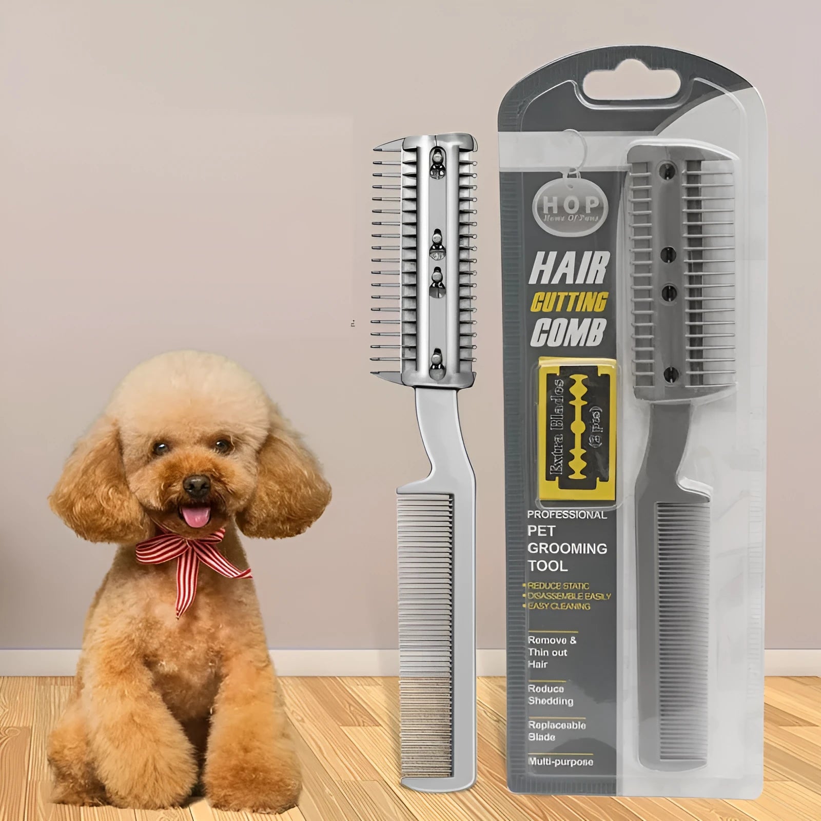 Plastic pet grooming comb for dogs with free replacement blade in blister packaging