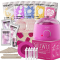 Professional waxing kit with wax warmer, hard wax beans, applicators, and aftercare products for hair removal.