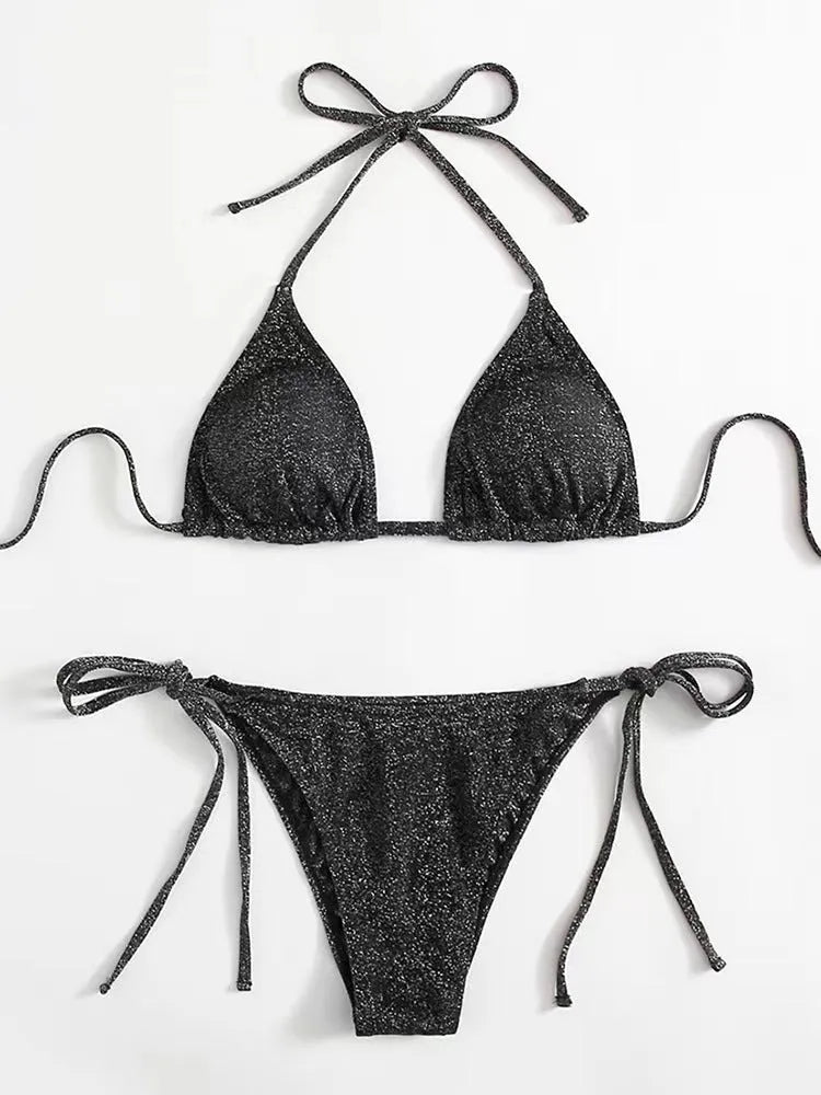 Women's split bandage bikini swimsuit in polyester fabric showing colour options and styling