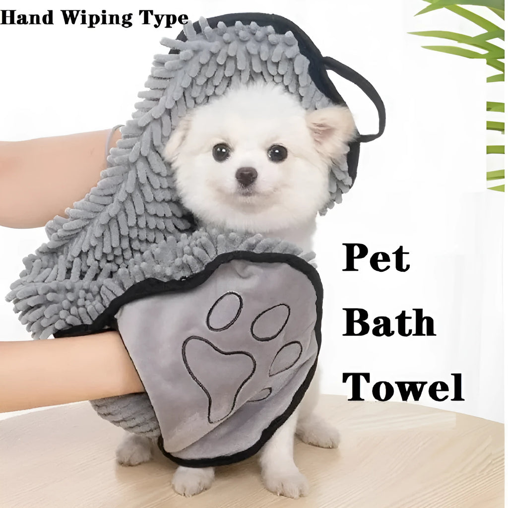 Blue pet bath robe towel wrapped around a dog, showing quick-dry fabric and bathrobe style design.