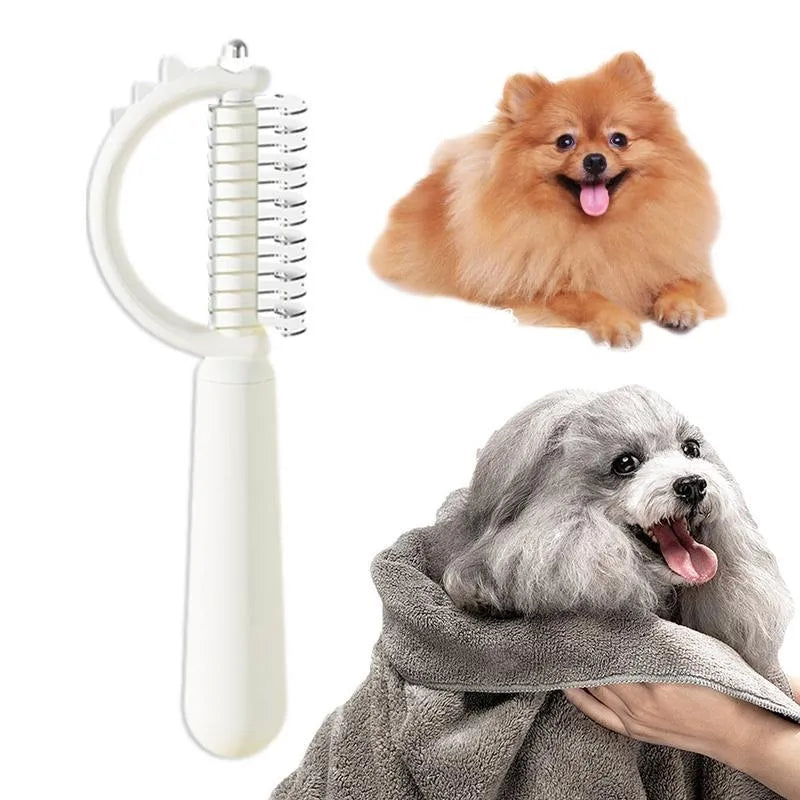 Dinosaur-shaped self-cleaning cat brush with stainless steel bristles in blue, green or white