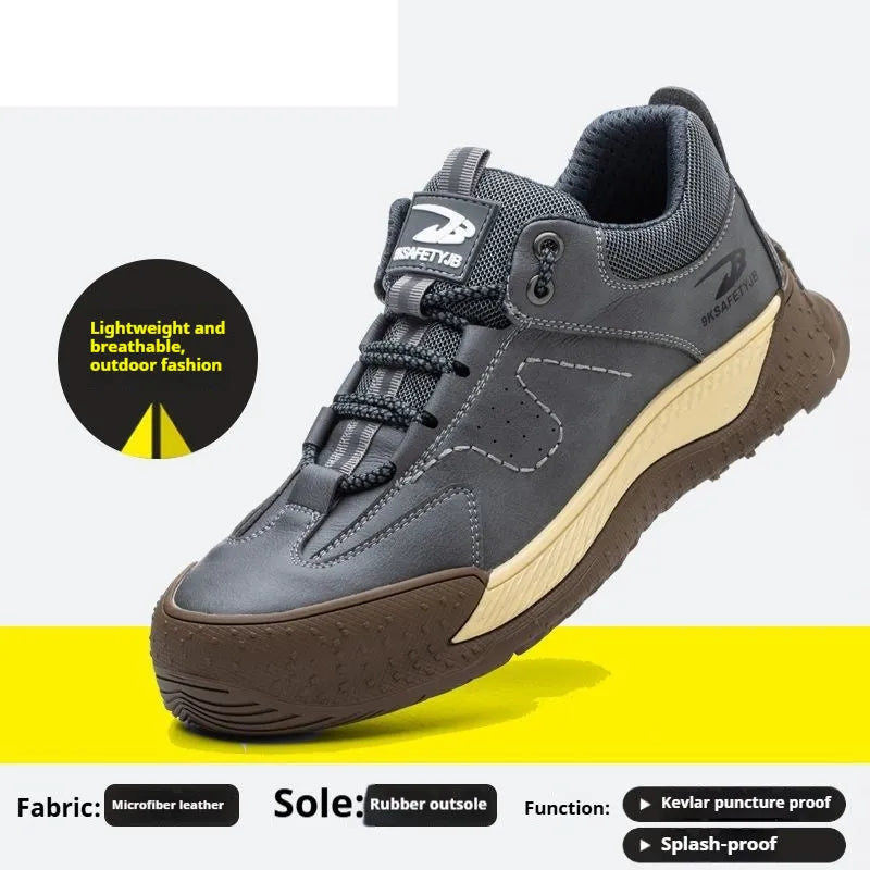 Flyknit safety work shoes with leather upper and rubber sole in black, khaki, gray, or insulated brown options