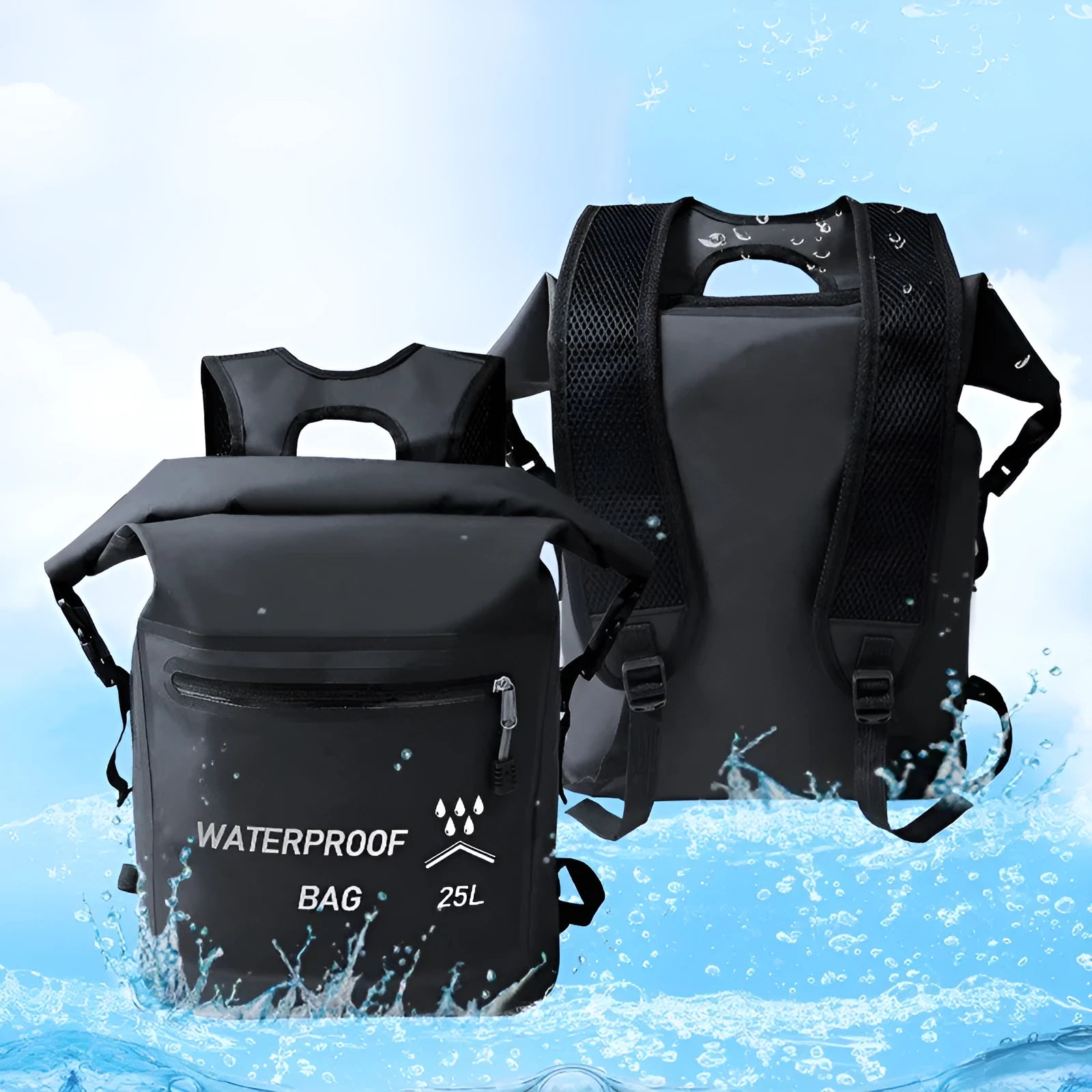 Black 25 litre waterproof backpack with mesh external clips for outdoor water activities