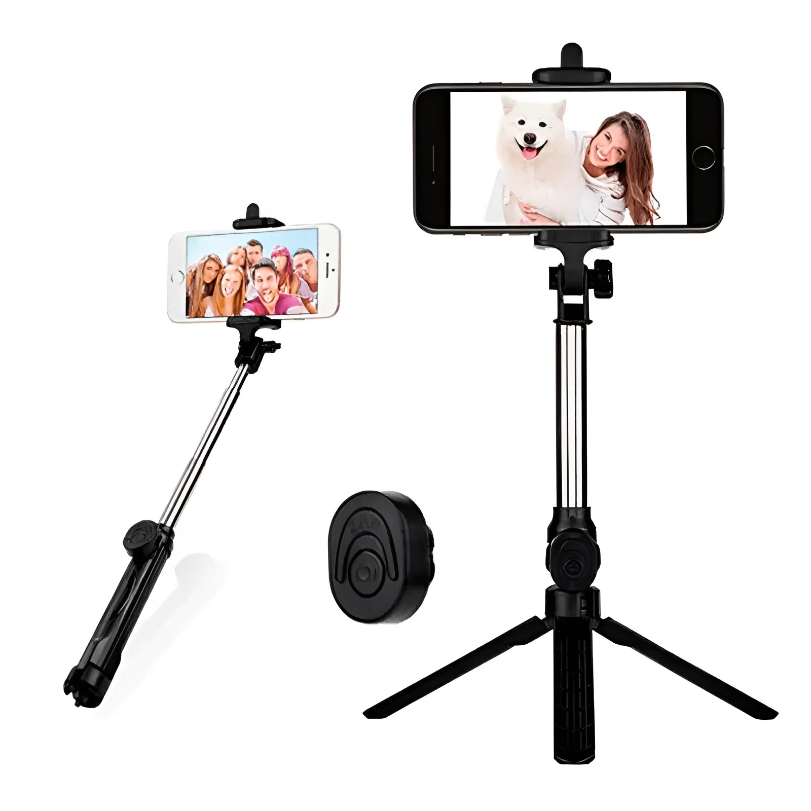 Bluetooth remote control mobile phone tripod stand extended with phone attached