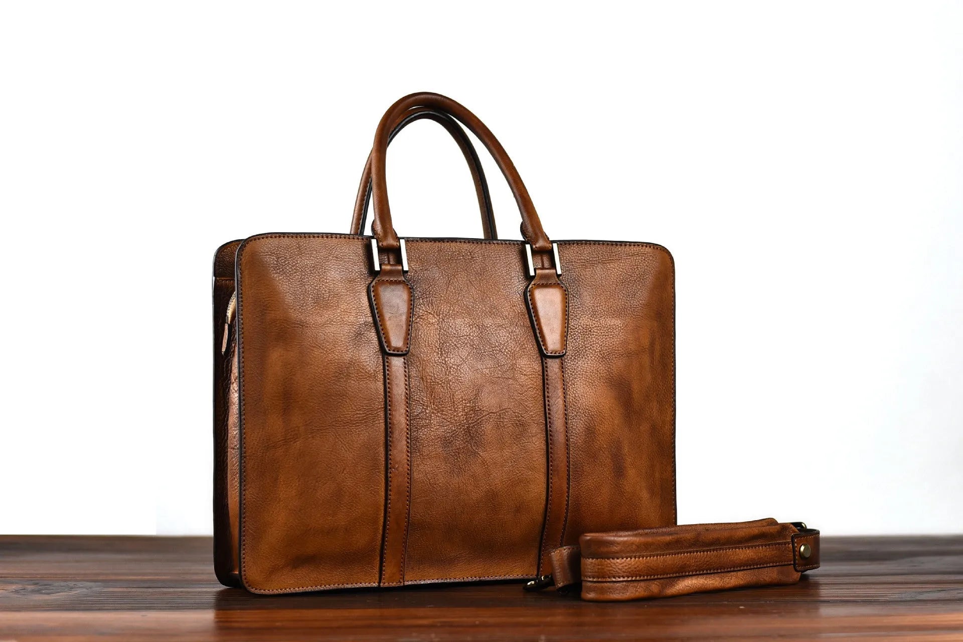 Men's 14 inch horizontal leather business handbag in khaki colour with zipper opening