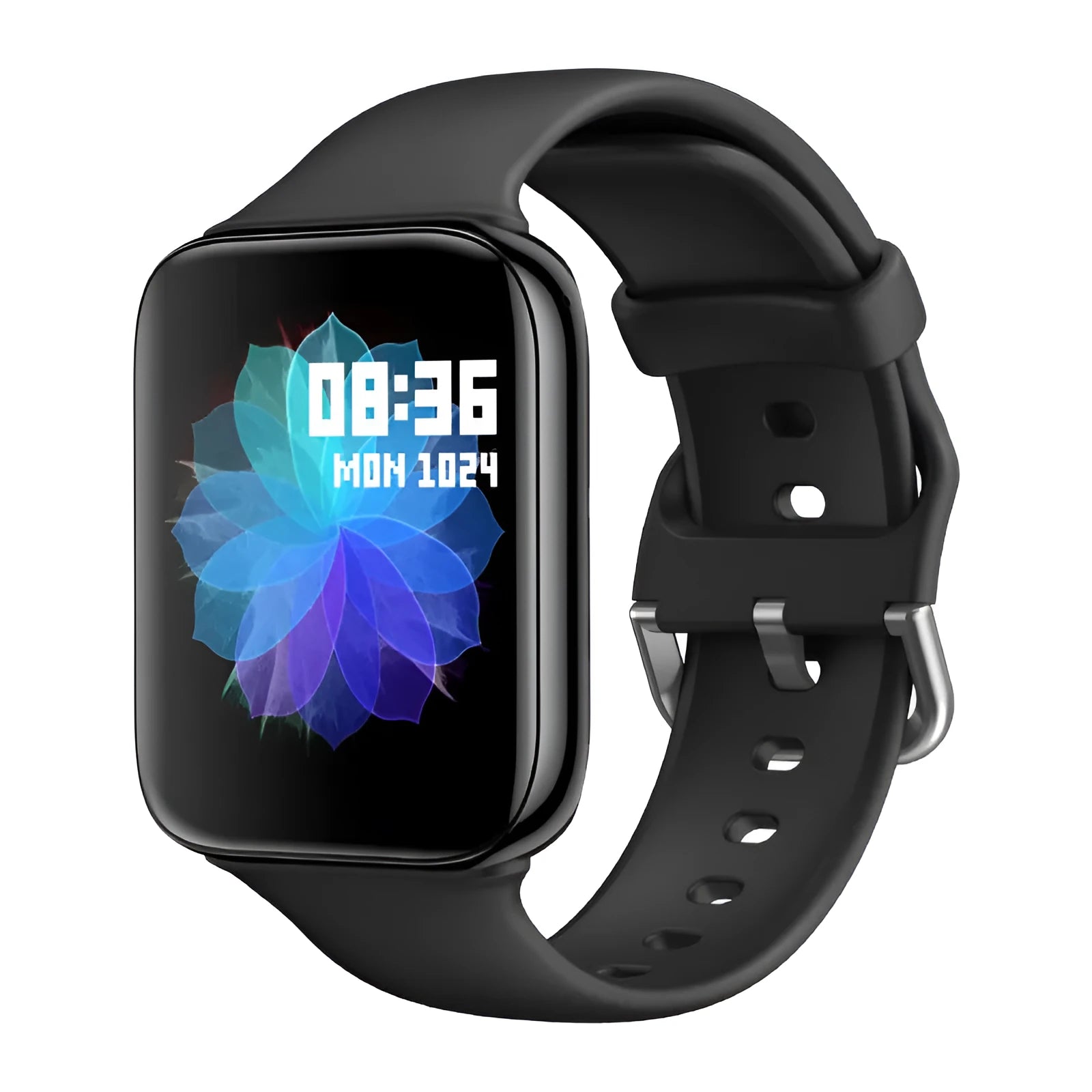 Black smart bracelet with a square screen on a silicone strap, showing Bluetooth call and blood pressure icons.