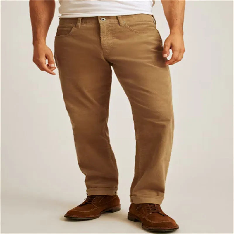 Corduroy straight-leg casual trousers in green with mid waist and zip placket closure