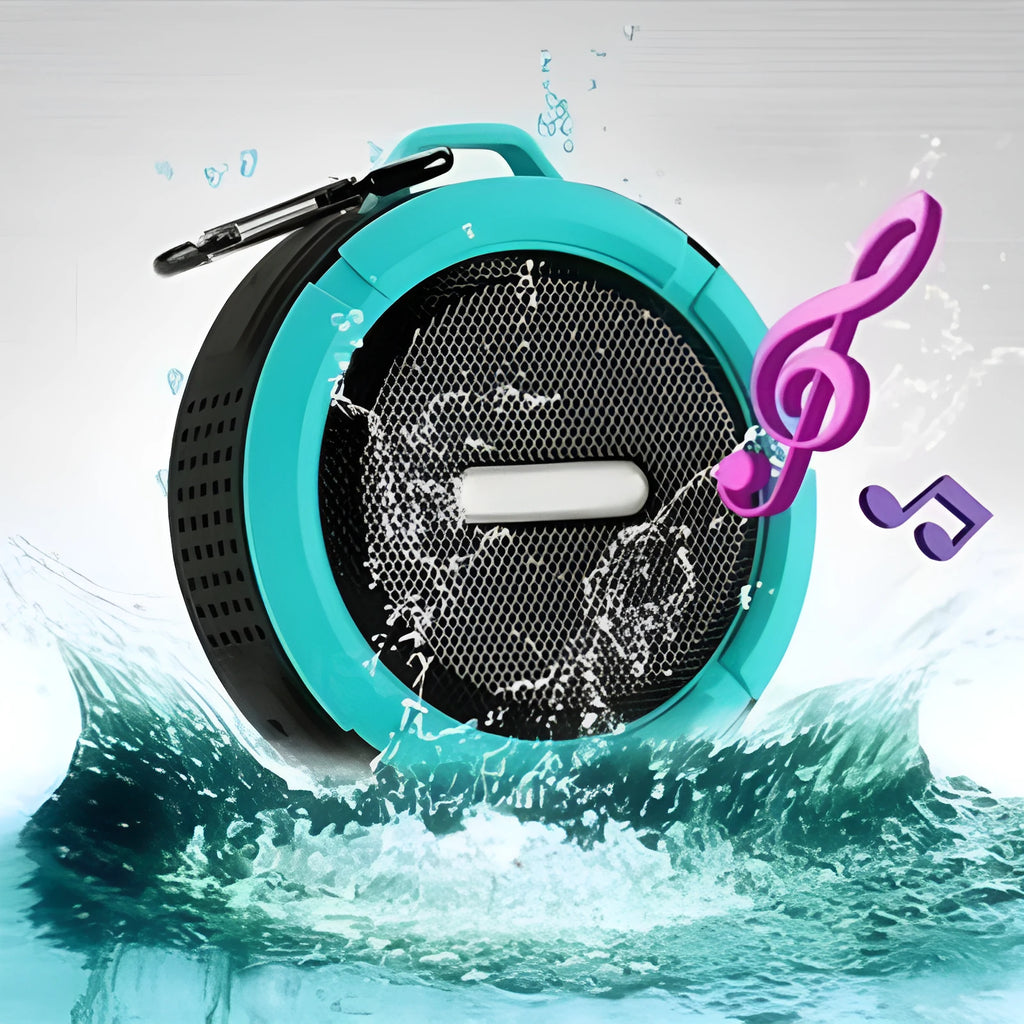 Portable waterproof Bluetooth speaker in multiple colours with a mountaineering buckle for bag attachment.