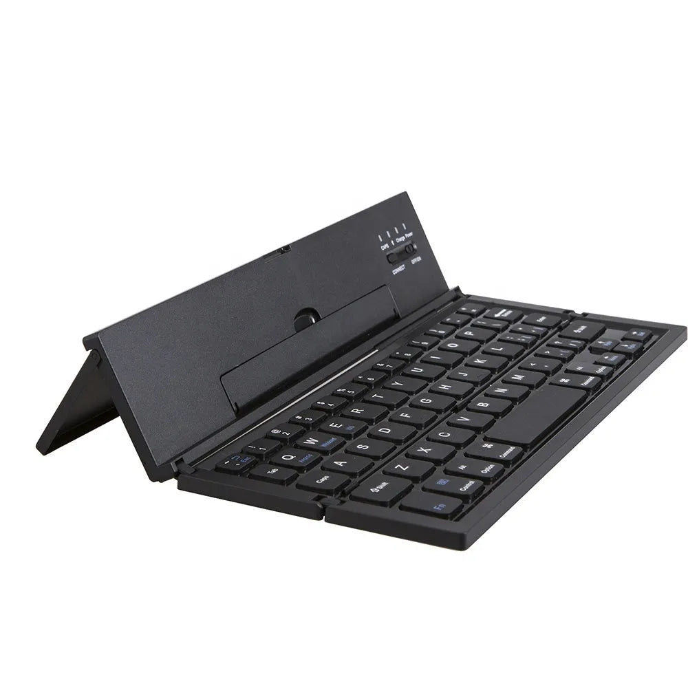 Black foldable Bluetooth keyboard shown alongside tablet demonstrating 8-inch compact size and portable design
