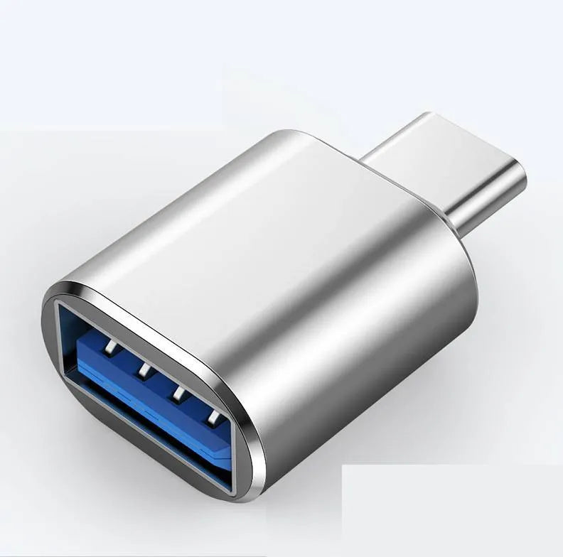 USB-C to USB-A OTG adapter in black, gold, and silver colour options for smartphones and tablets.
