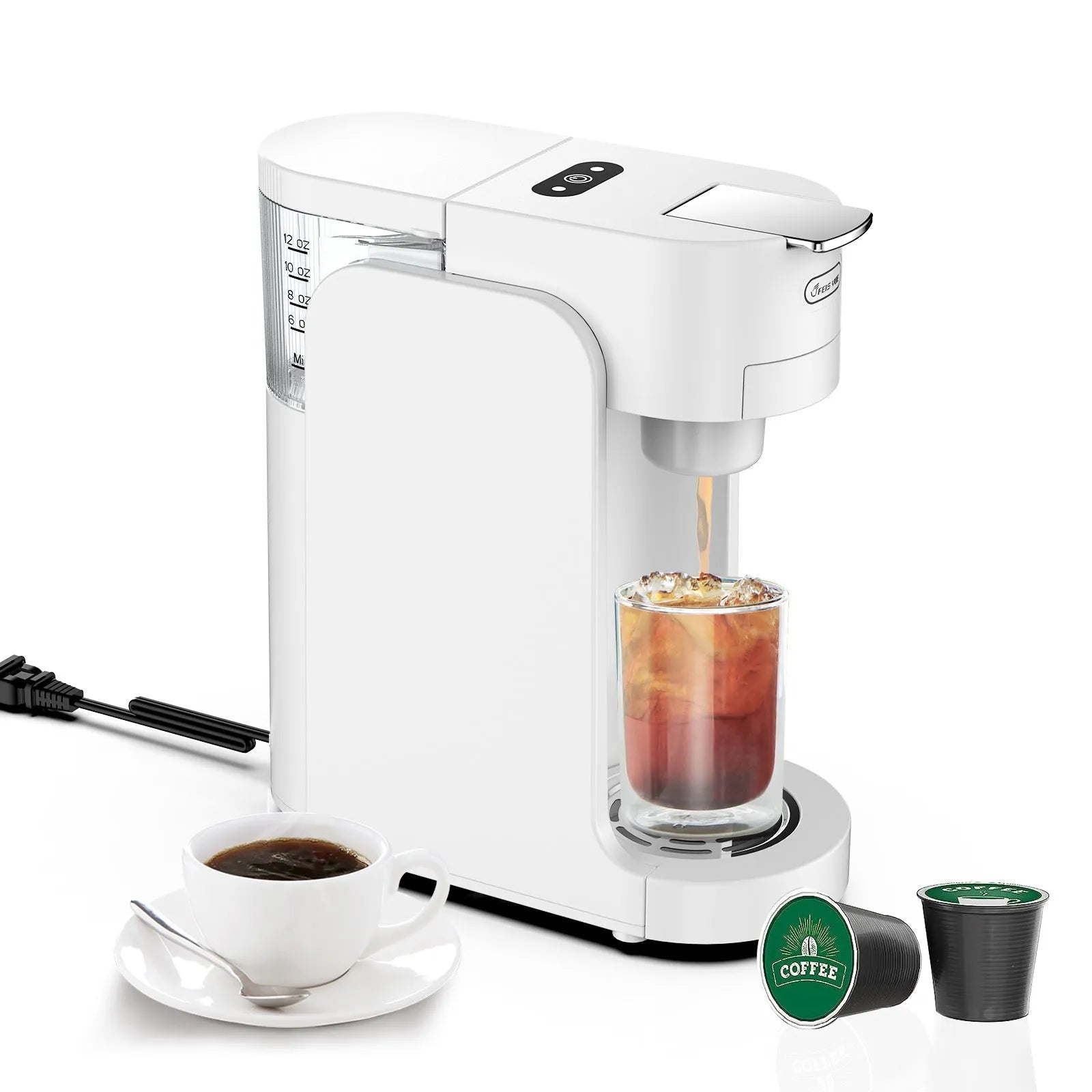 Small black capsule coffee machine with transparent water tank and adjustable stainless steel drip tray