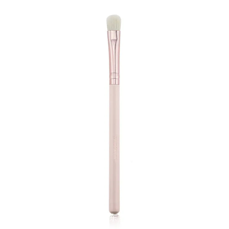 26-piece pink makeup brush set with wooden handles in protective roll case