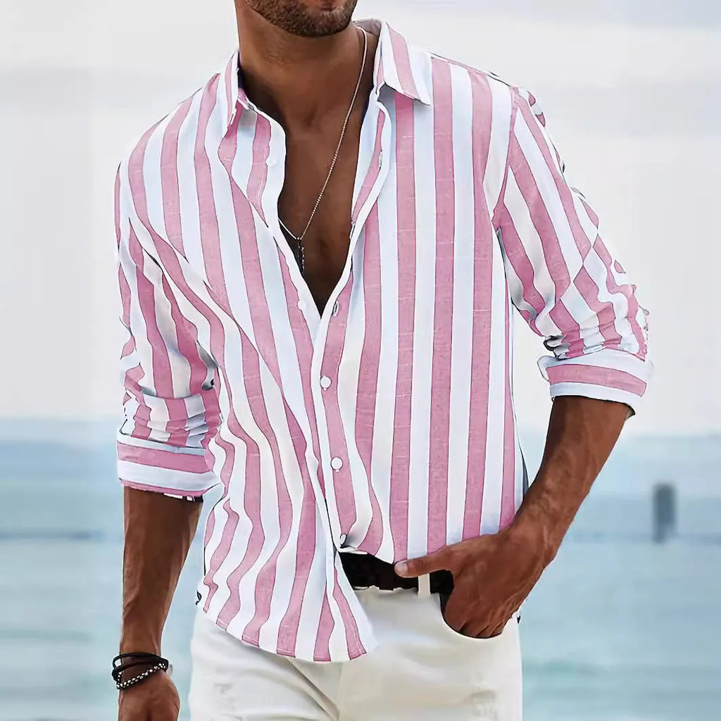 Man wearing a grey and white striped loose-fit long-sleeved casual shirt