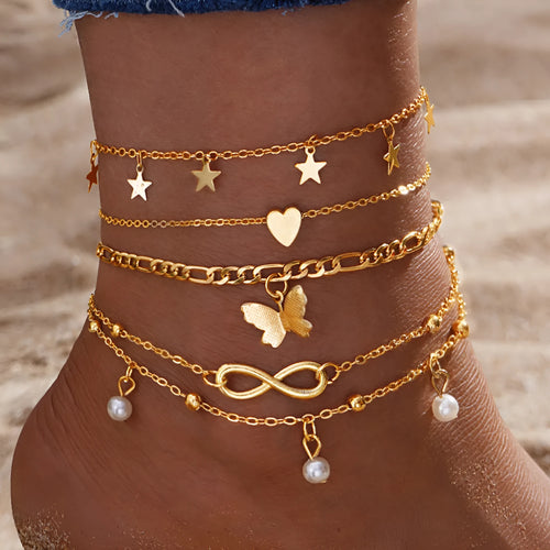 Butterfly love anklet set of 4 pieces with pearl and heart charms on alloy chains