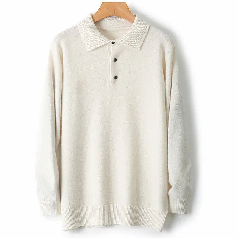 Men's grey wool polo collar sweater on a hanger, showing long sleeves and smart collar detail