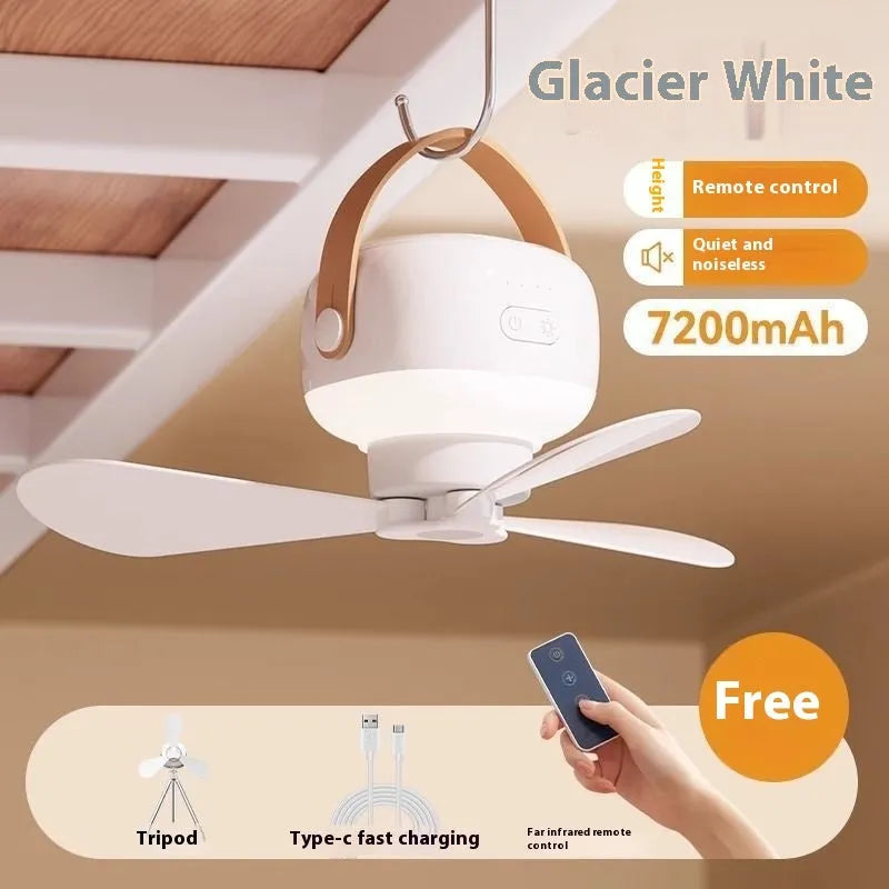 Rechargeable portable ceiling fan with remote control and wire bracket for camping tents