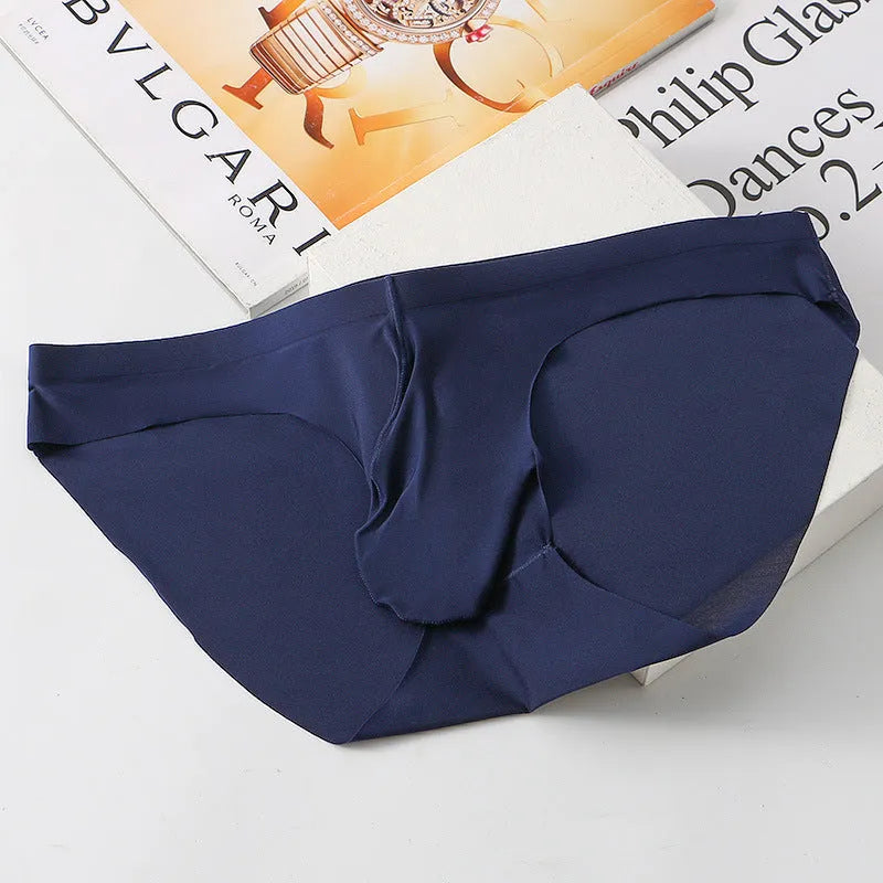Men's seamless ice silk briefs in multiple colours showing bullet pouch separation design
