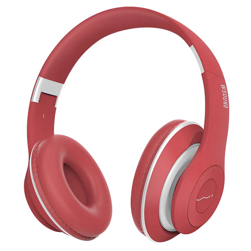 Blue and red wireless Bluetooth stereo headsets with ear cups for both ears.