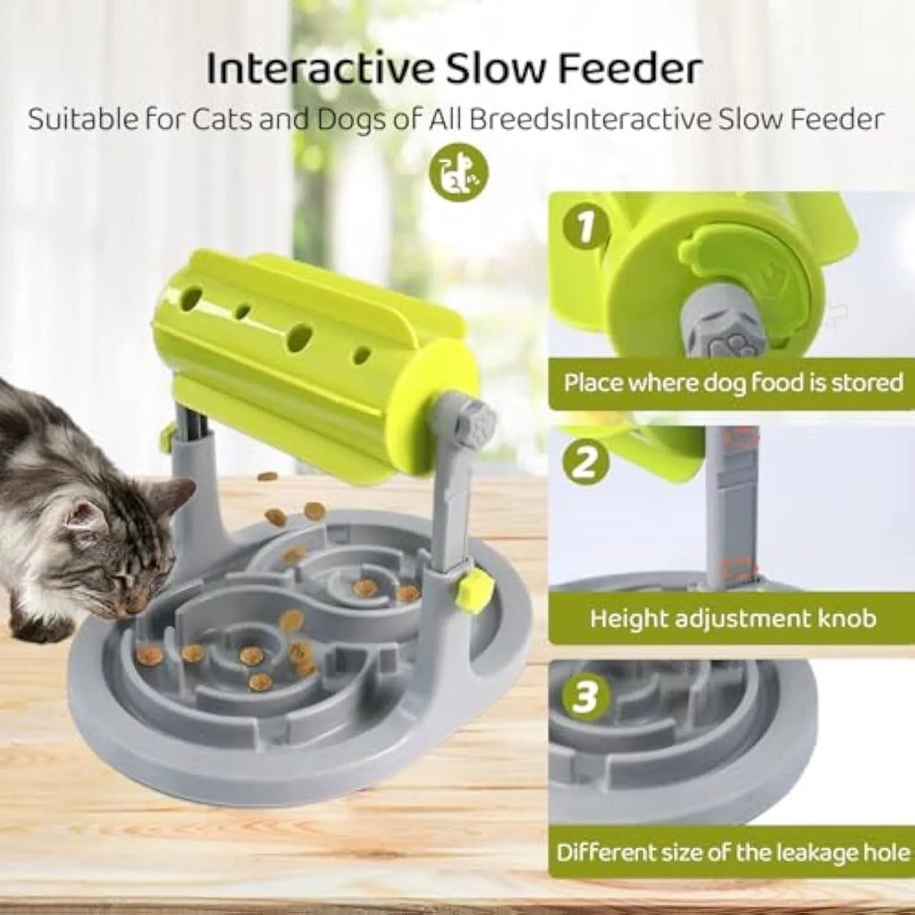 Blue interactive pet puzzle feeder bowl with adjustable height mechanism and raised patterns