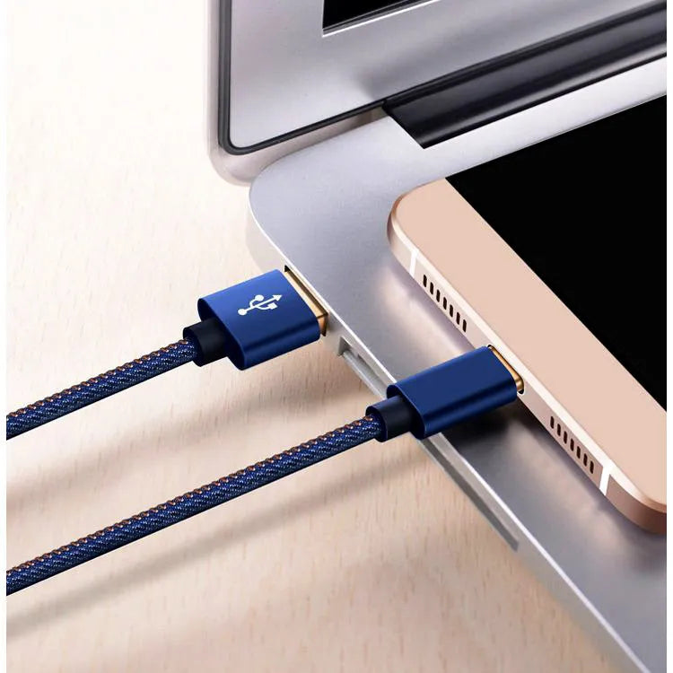 Denim braided Type-C charging cable with aluminium alloy connector in black, blue, or red colours