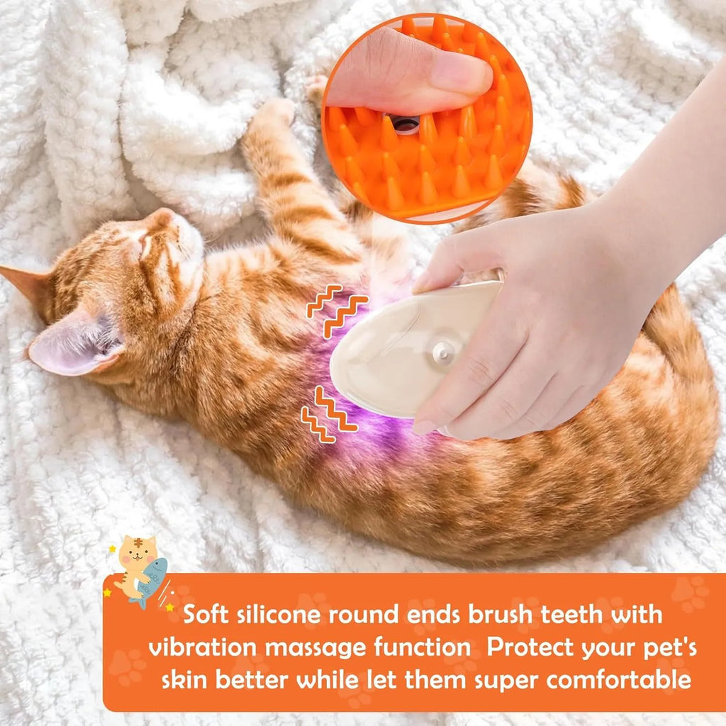 Yellow 4-in-1 cat steam brush with ringworm detector, vibration massage and USB charging