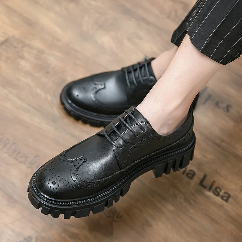 Men's black and brown artificial PU leather brogue business shoes with round toe.