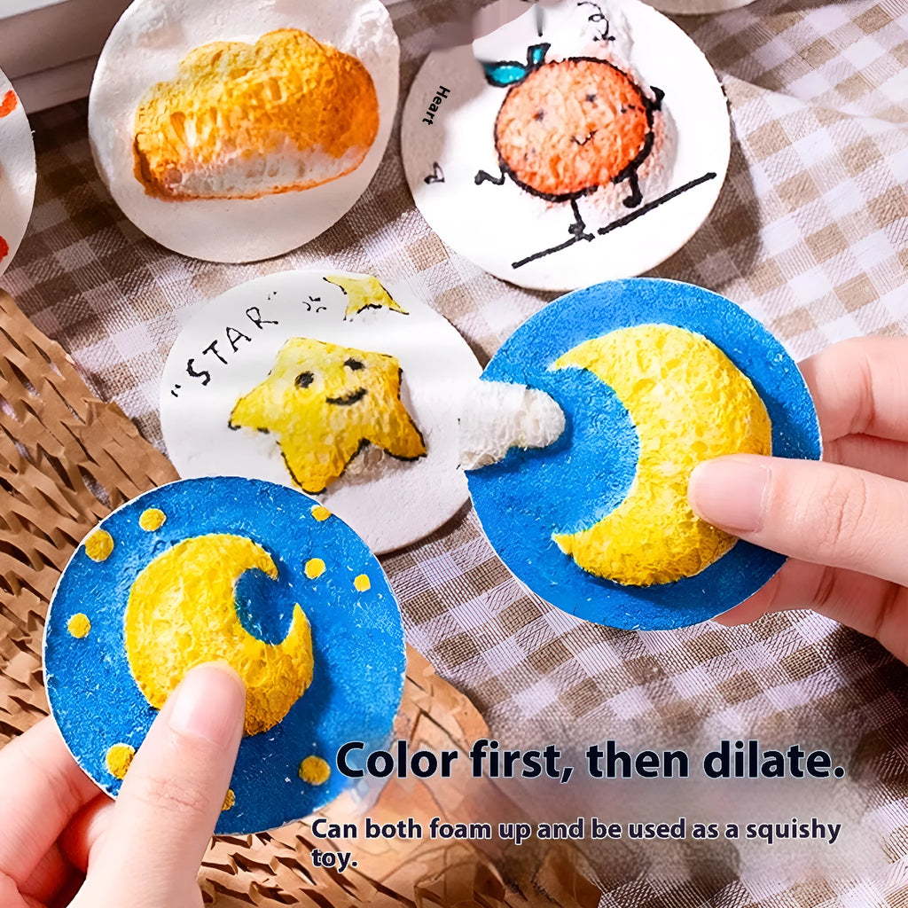 Wood pulp paper painting sponge set with cartoon design showing heart, round, and square shapes plus fountain pens