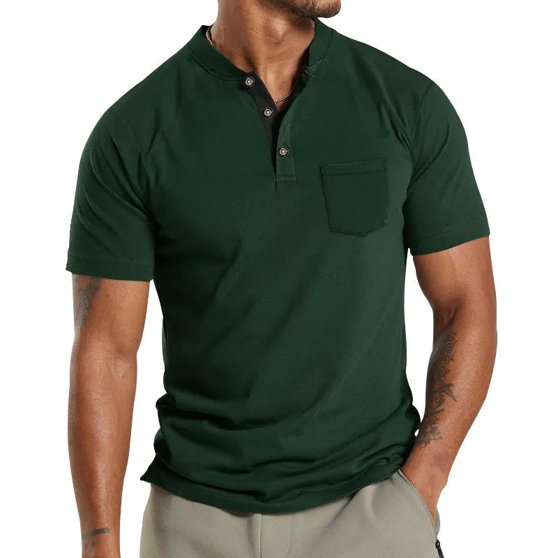 Men's lightweight polyester short sleeve shirt with button placket and chest pocket in army green