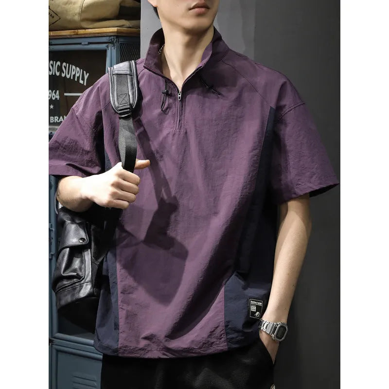 Men's brown half-zip stand collar business casual shirt with short sleeves and Ice Silk fabric texture