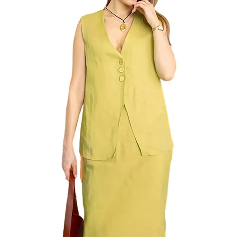 Women's blue polyester two-piece set with sleeveless vest and long skirt on a hanger.