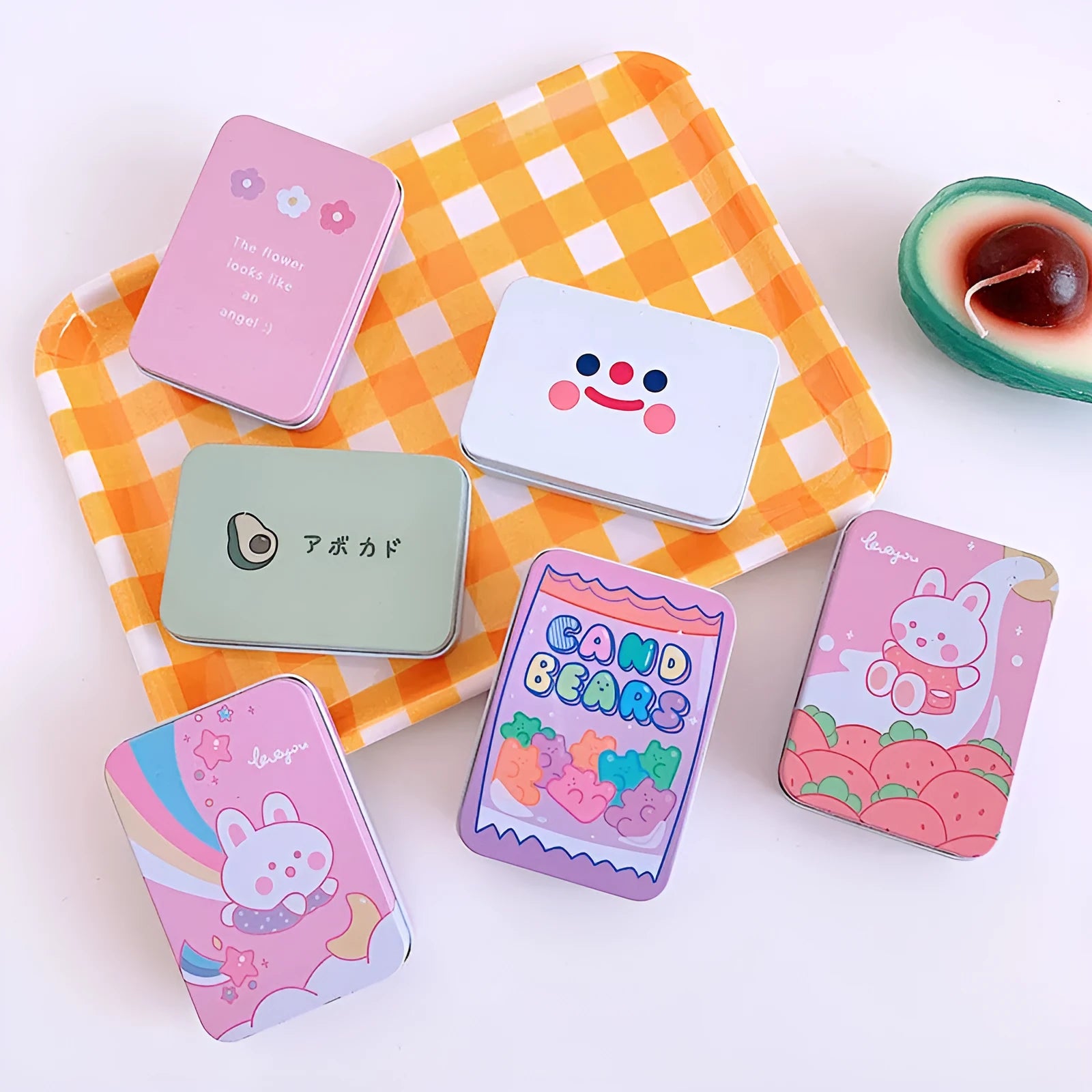 Small iron storage box with apple girl print for stickers and craft supplies, 9.5cm size
