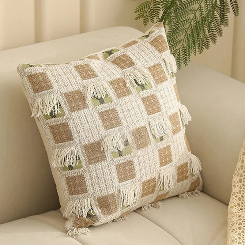 Square Jacquard cushion cover with yarn-dyed floral pattern in various colours, shown at 45cm size.