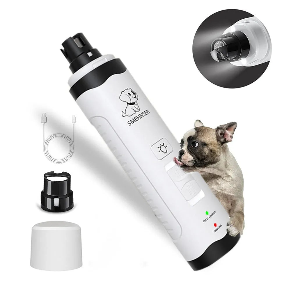 Electric dog nail trimming device with LED display showing speed settings and dust collection compartment