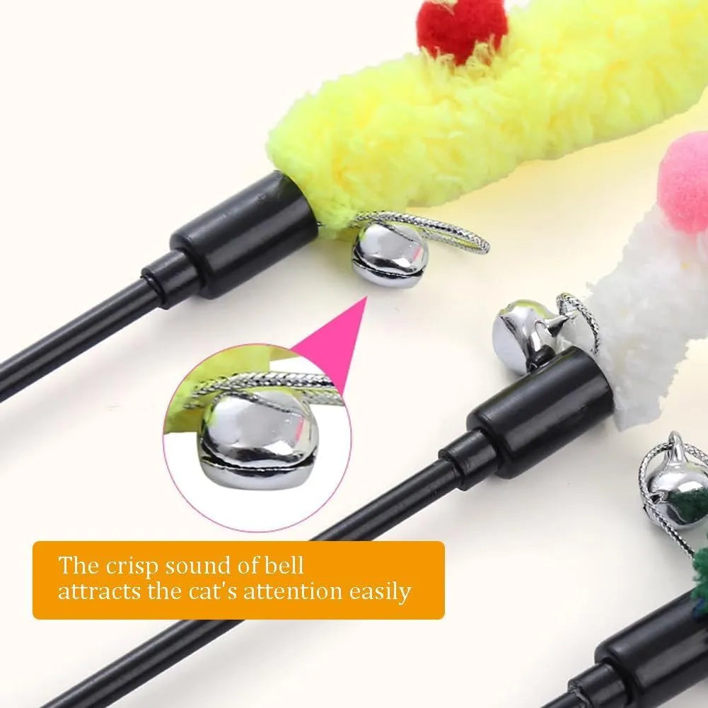 Interactive cat wand toy with blue plush strip, colourful fluffy ball and bell on 41cm pole