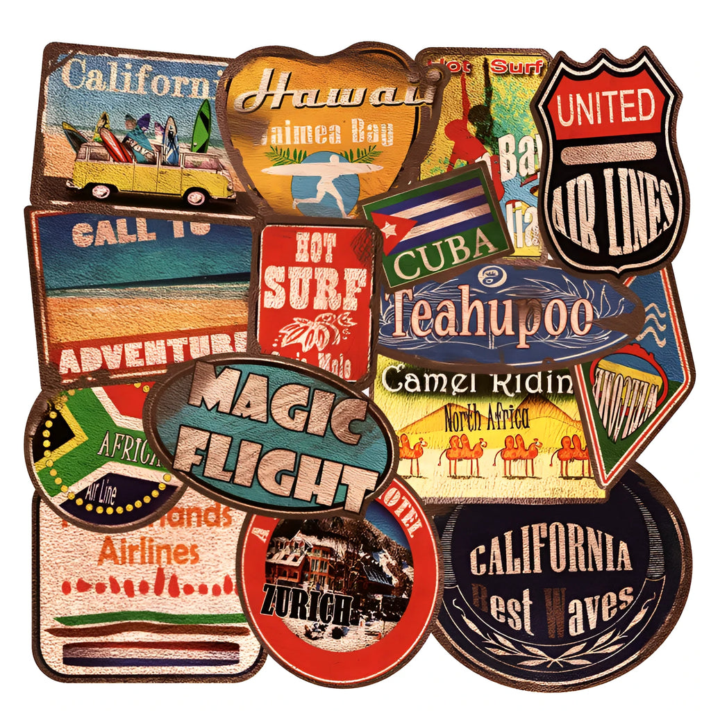 36 large retro beach stickers 6-10cm with matte finish on PVC material for surfing and travel decoration