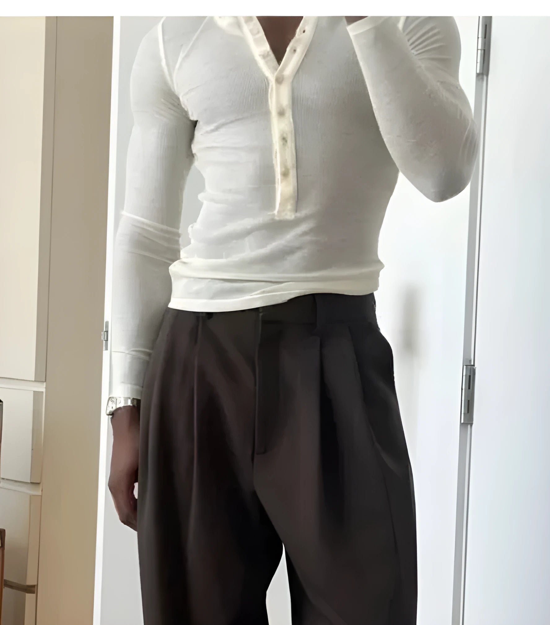 Men's cream-coloured ribbed cotton henley top with 3-button placket and long sleeves