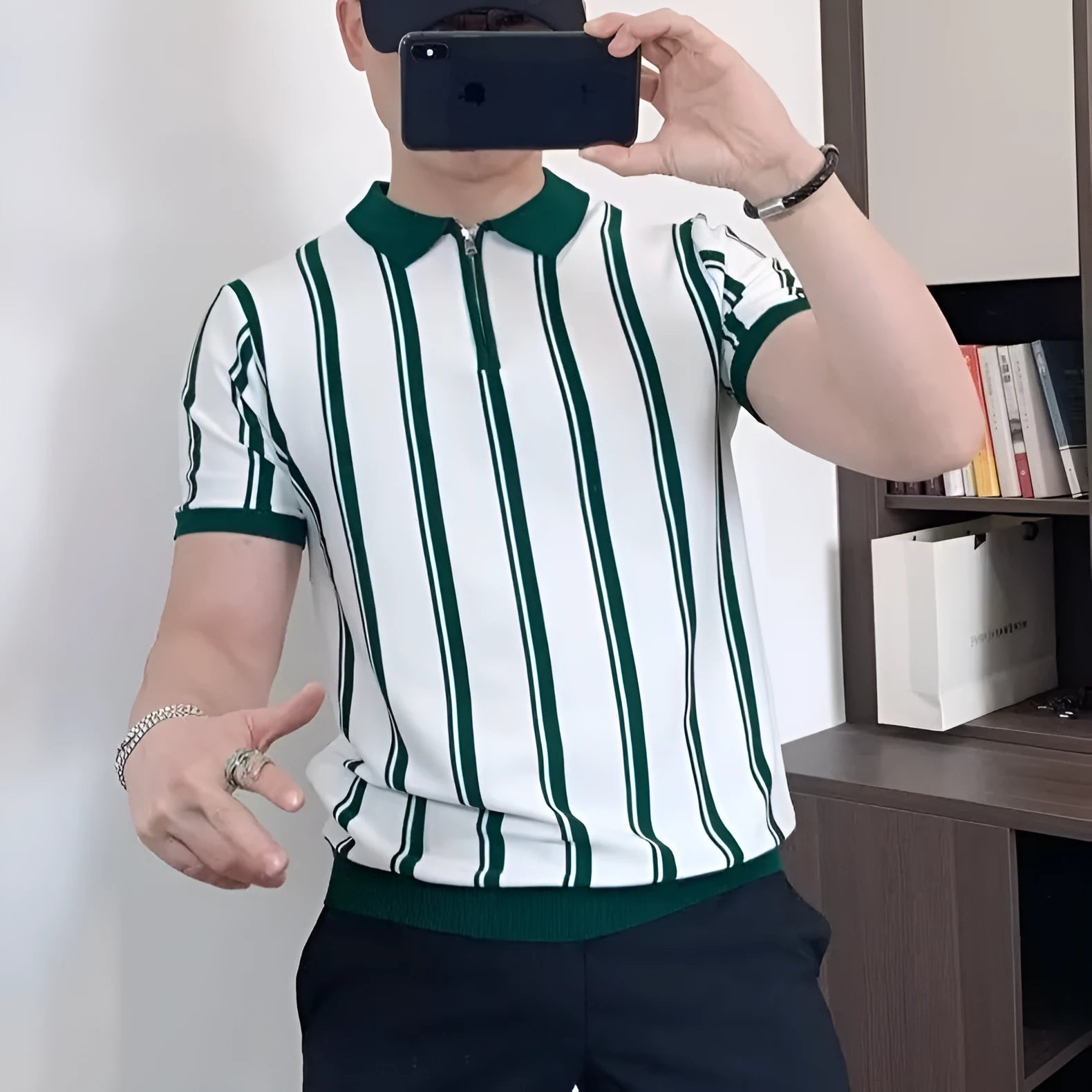 Men's black and white Korean-style vintage stripe t-shirt with front zipper detail in loose fit half-sleeve design