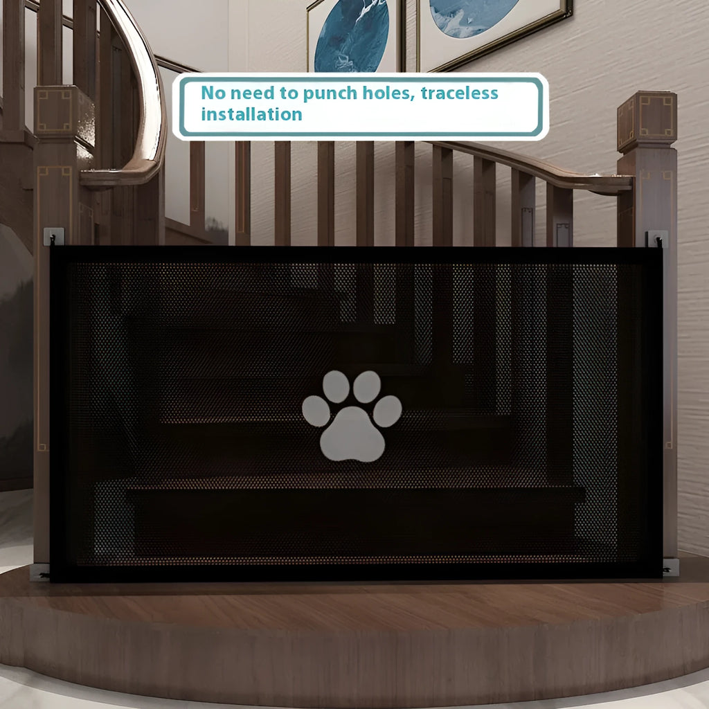 Portable folding dog barrier net with plastic support rods showing dog footprint pattern on doorsill
