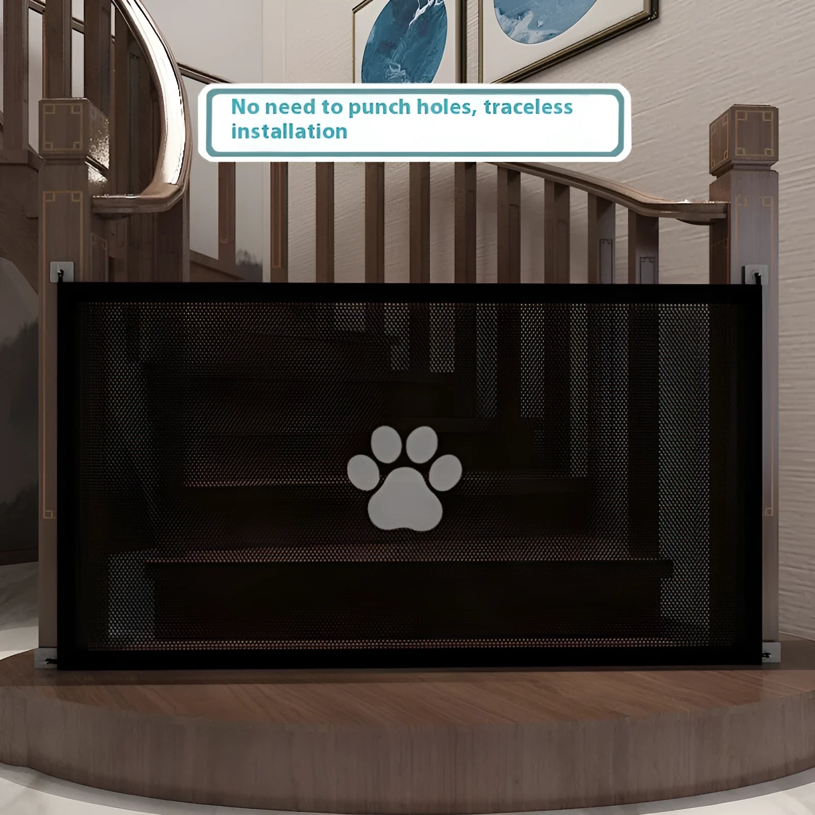 Portable folding dog barrier net with plastic support rods showing dog footprint pattern on doorsill