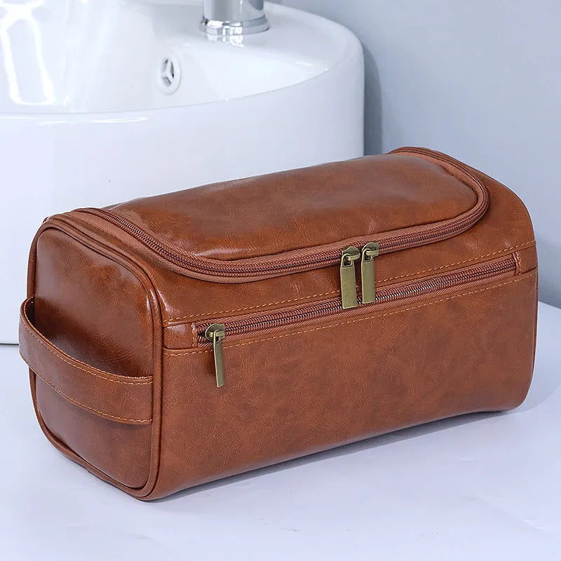 Waterproof cosmetic storage bag in brown PU leather with large capacity interior