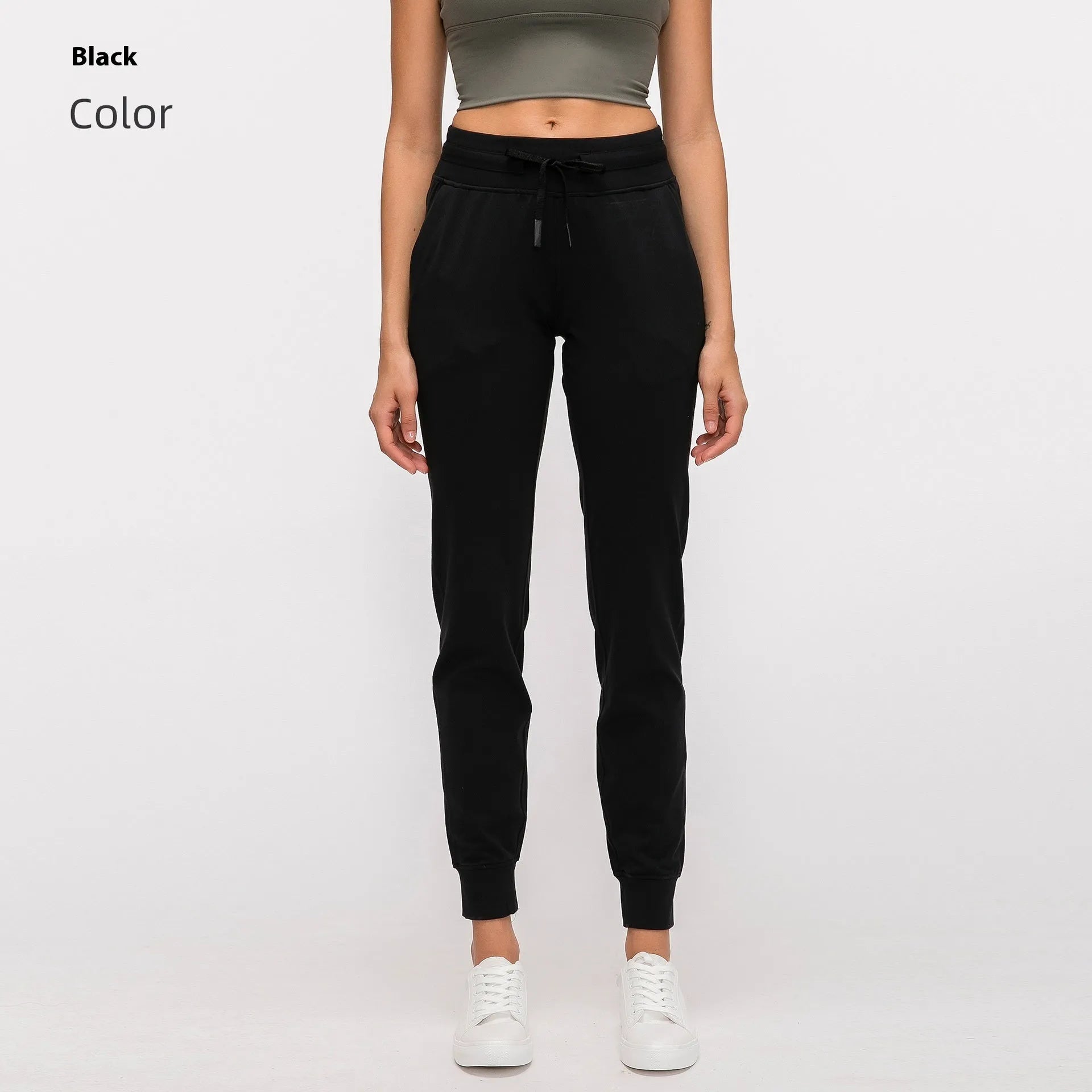 Women's high waist yoga pants with drawstring waistband in quick-drying cotton blend fabric, multiple colour options