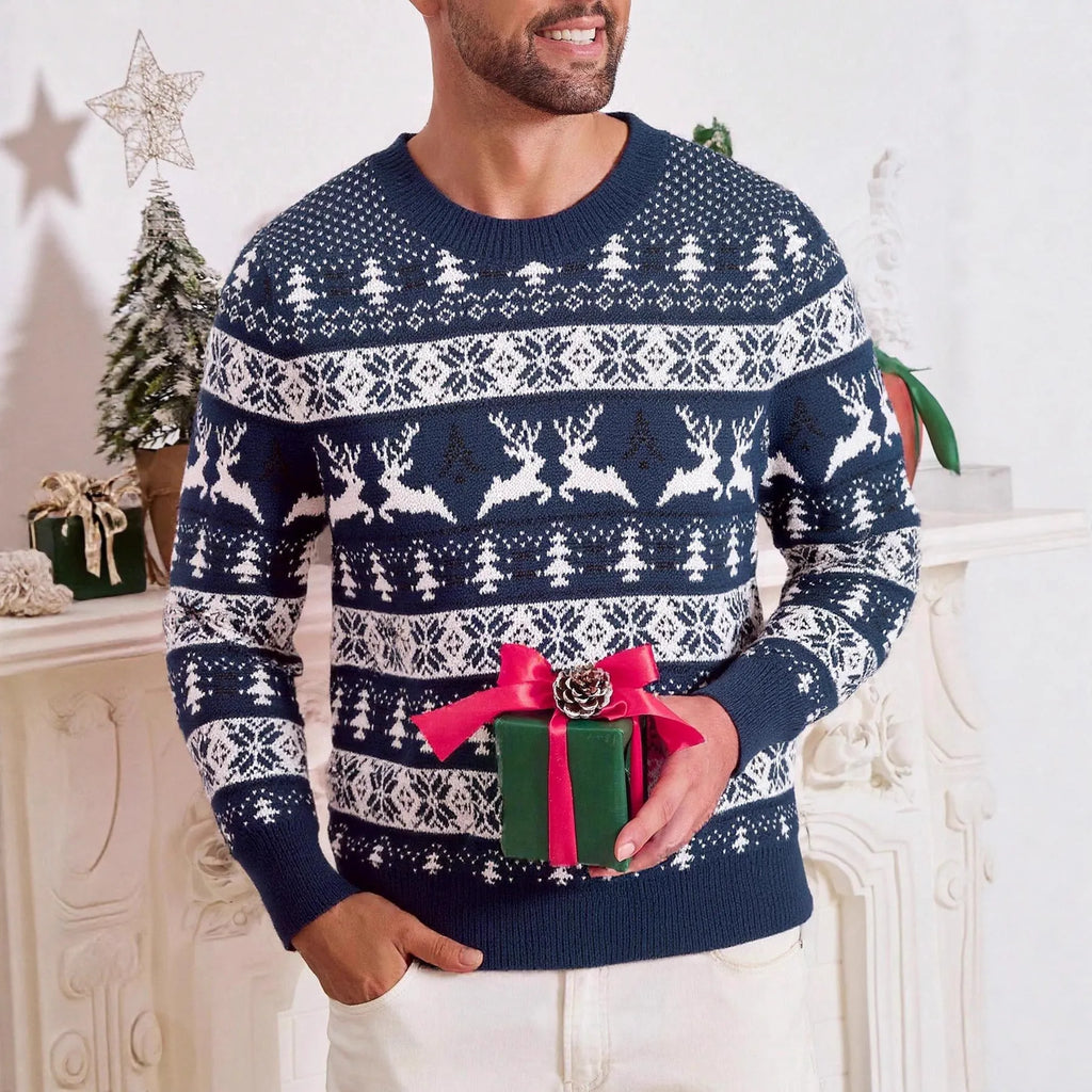 Men's red loose jacquard Christmas sweater with round neck and long sleeves on display