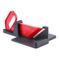 Green and red modern vegetable cutter with stainless steel blades for slicing carrots and potatoes.