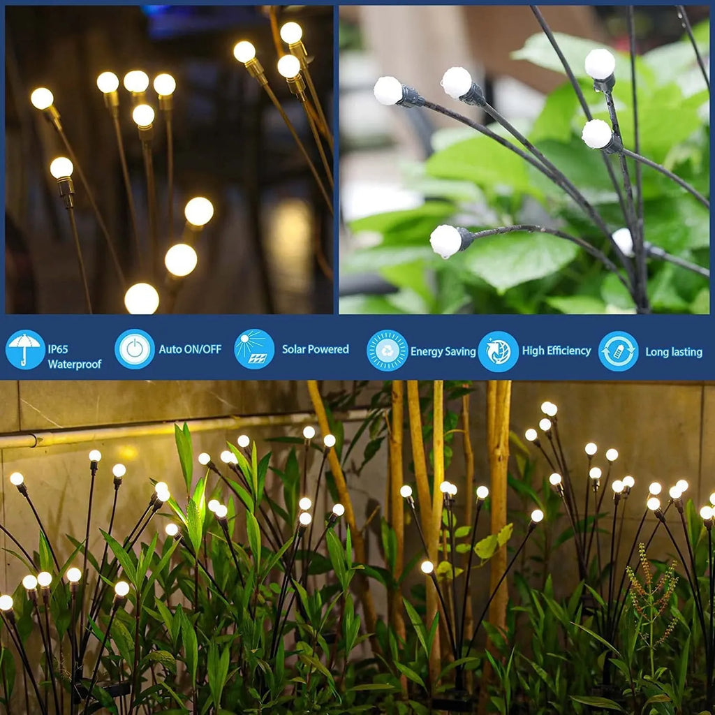 Solar-powered LED firefly lawn light with ground stake inserted in grass